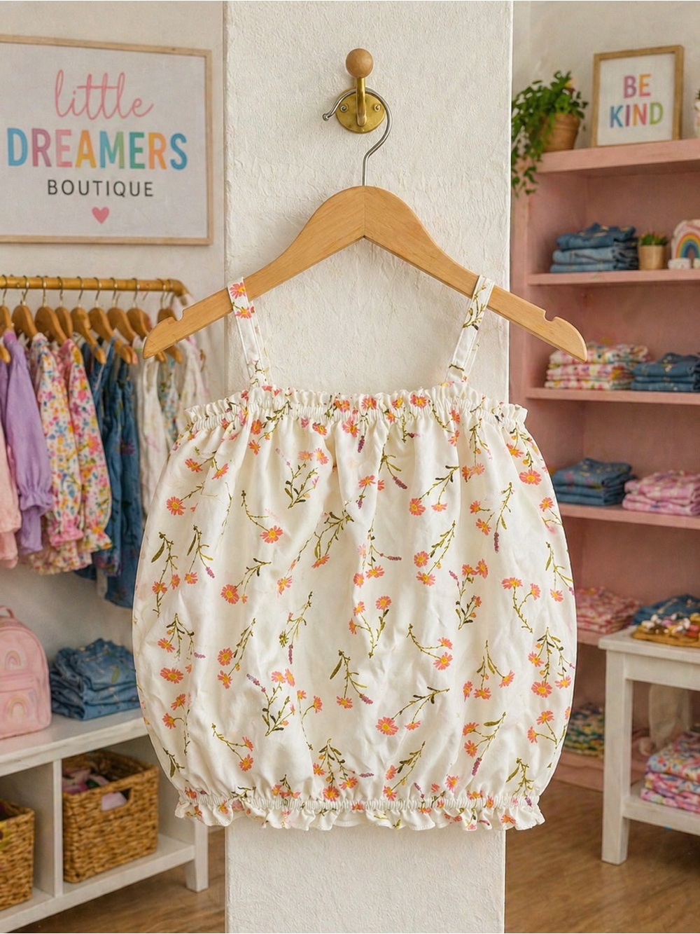 art class White Floral Smocked Tank Top with Orange and Green Accents